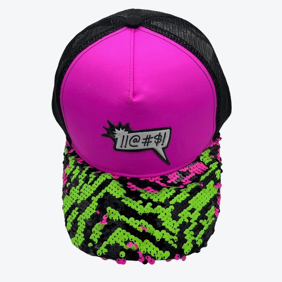 Unknown Accessories - Hot Pink Lime Green Black Sequin Baseball Cap